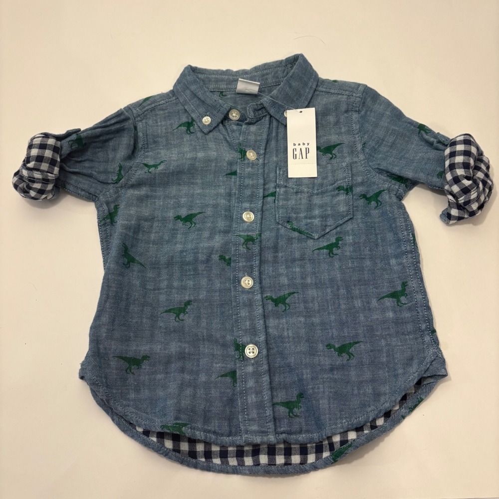 Baby Gap Dinosaur 12-18 month‎ NWT Button-Up Shirt Roll-Tab Sleeves Chambray